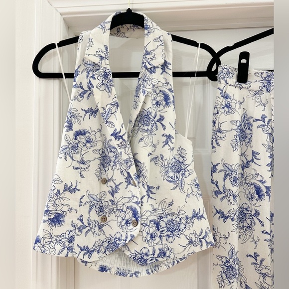 Jason Wu Linen Blend Halter Vest Style Top Wide Leg Pants Blue White Set 4 NEW - Picture 5 of 11